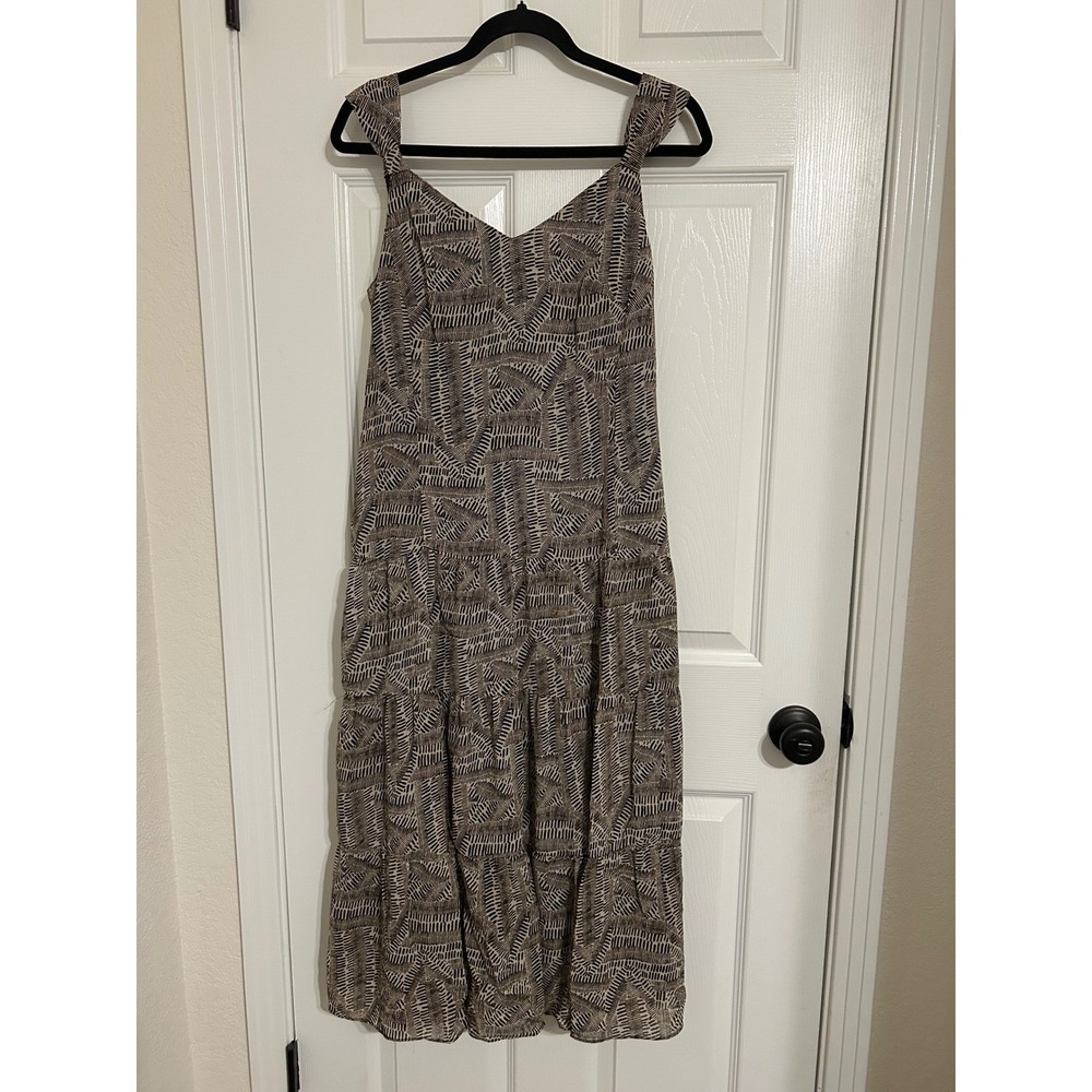 Coldwater Creek Brown Abstract Print Tiered Midi Dress Womens 10 V-Neck‎ Lined
